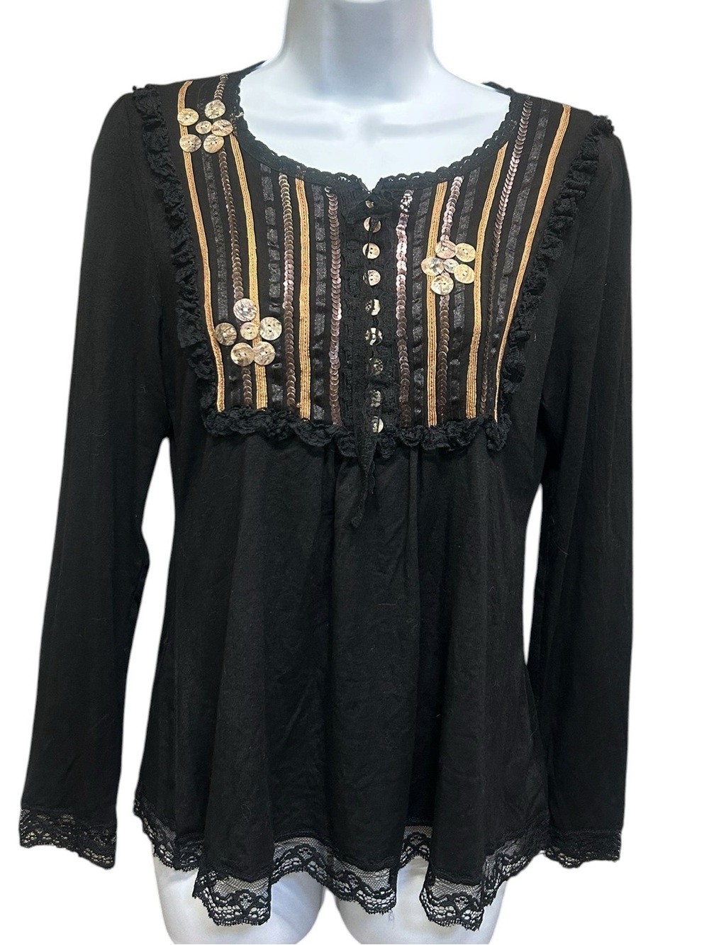 Panitti Black Shell Button Lace Stretchy Blouse Top Size L